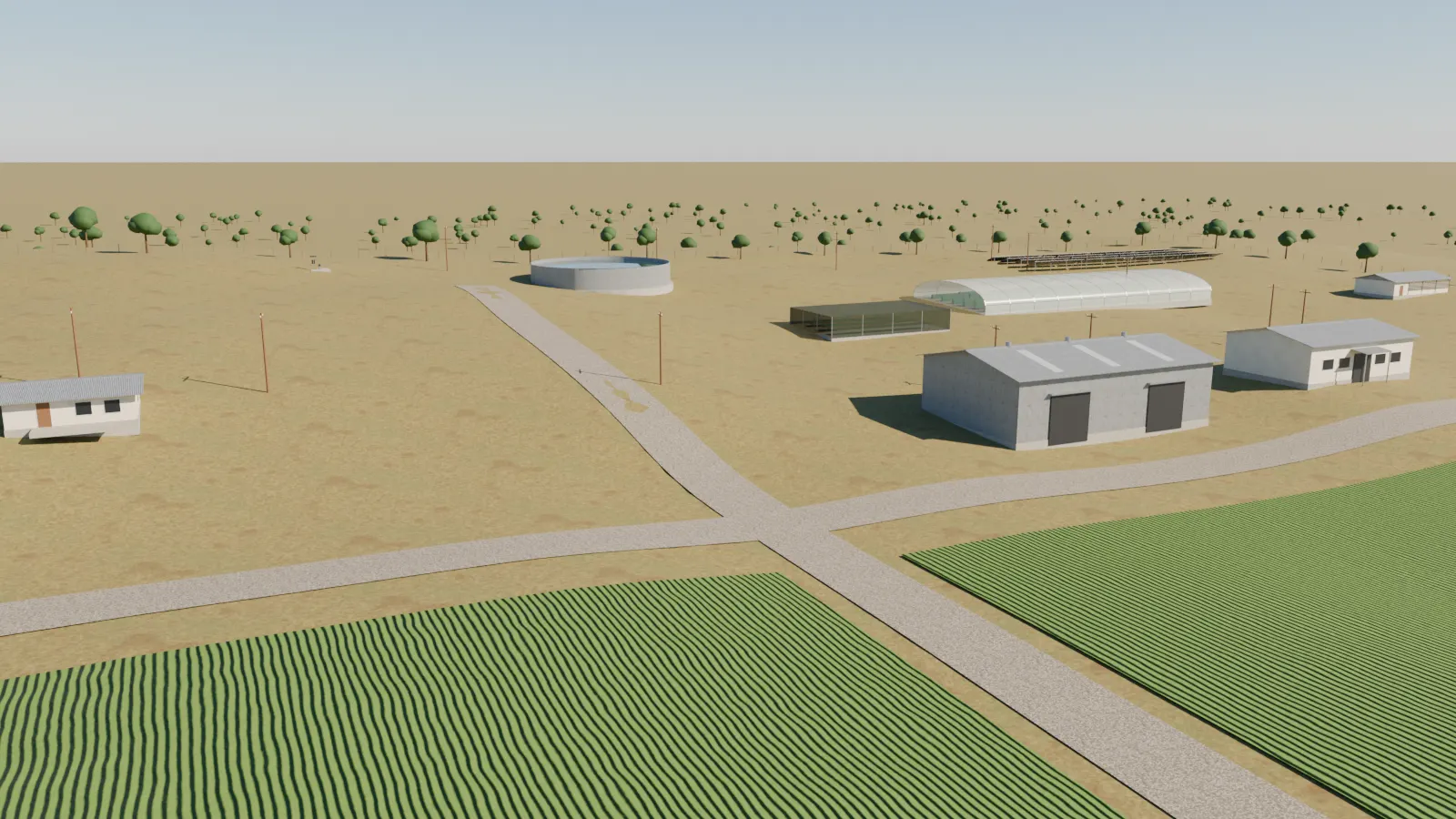 Vista ilustrativa do pátio da fazenda fictícia: cruzamento das estradas, casa principal, armazém com dois portões, unidade de processamento, estufa e reservatório.